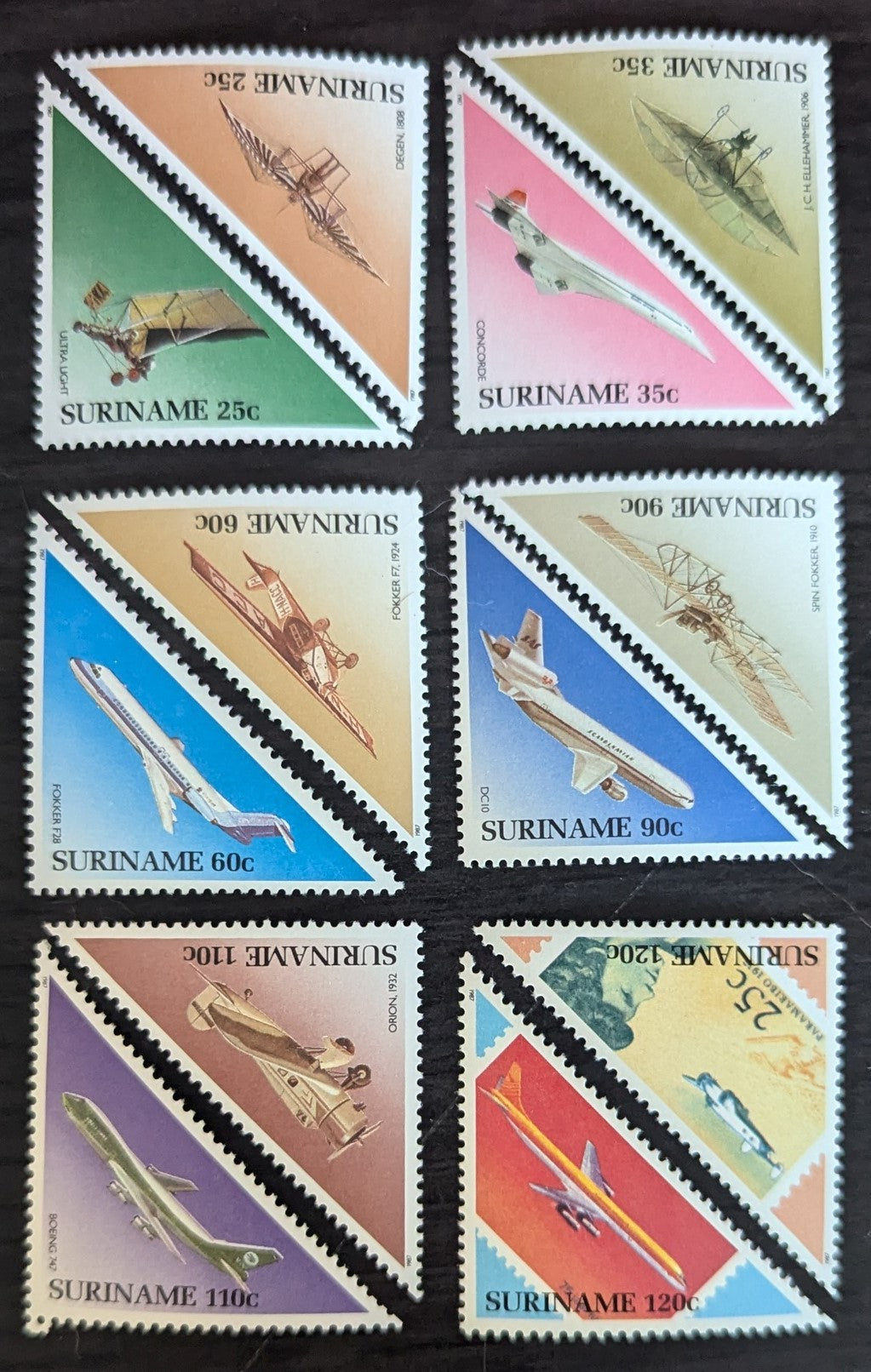 Lot 157 Surinam SC#784-795 1987 Aircraft & Aircraft on Stamps Issue, 12 VFNH Singles, Click on Listing to See ALL Pictures, 2017 Scott Cat. $13.5