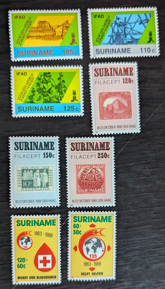 Lot 160 Surinam SC#819/B367 1988 Int'l Fund for Agricultural Development, 10th Anniv - Int'l Red Cross & Red Crescent Organizations, 125th Anniv Issues, 8 VFNH Singles, 2017 Scott Cat. $17.5