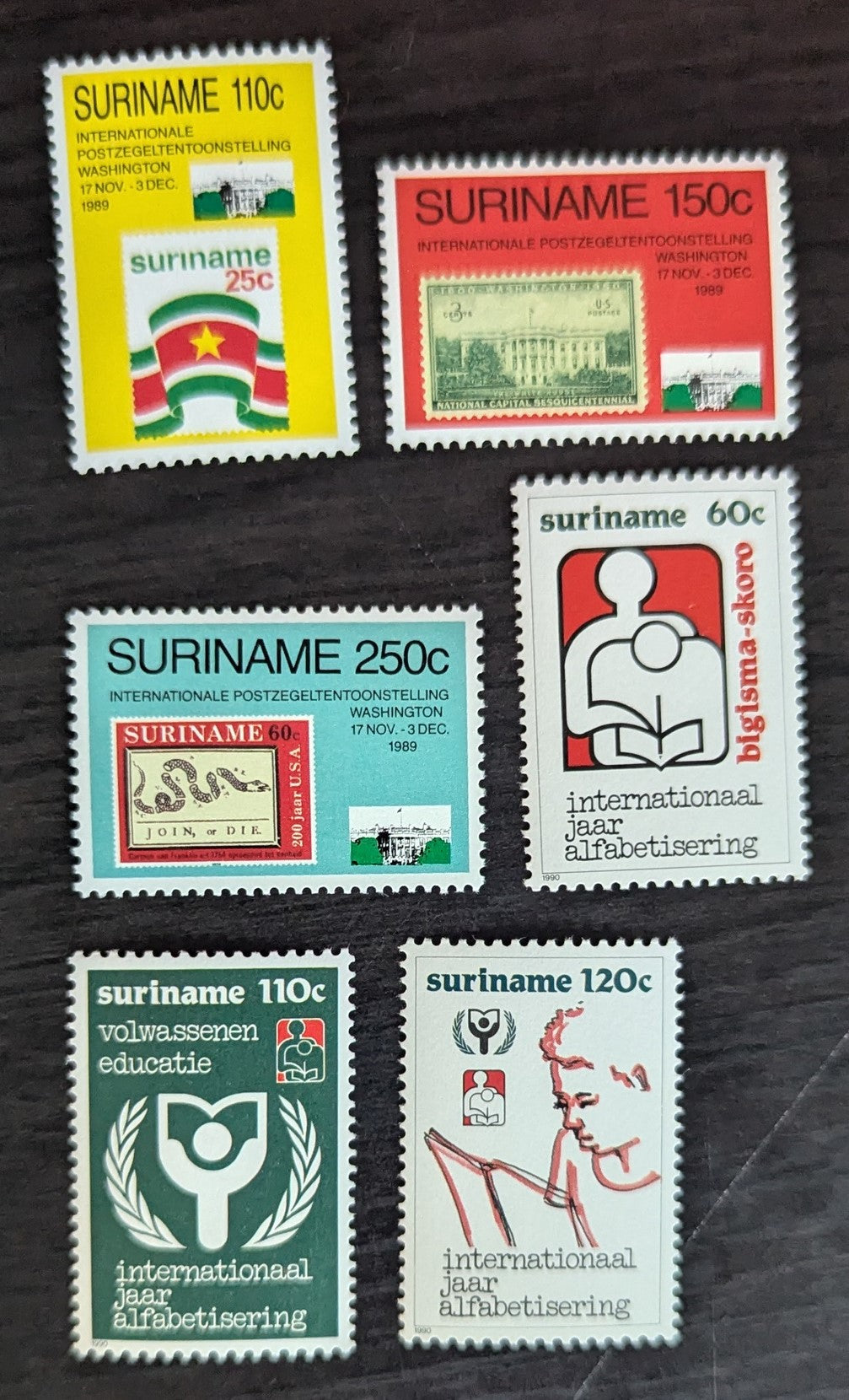 Lot 164 Surinam SC#849-854 1989-1990 The White House, Washington DC & Stamps on Stamps - UNESCO Int'l Literacy Year Issues, 6 VFNH Singles, Click on Listing to See ALL Pictures, 2017 Scott Cat. $13.95