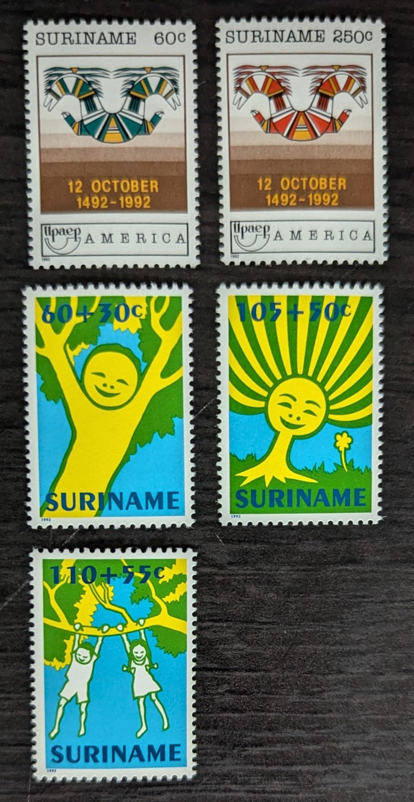 Lot 176 Surinam SC#932/B394 1992 Discovery of America, 500th Anniv - Child Welfare Issues, 5 VFNH Singles, Click on Listing to See ALL Pictures, 2017 Scott Cat. $12.5