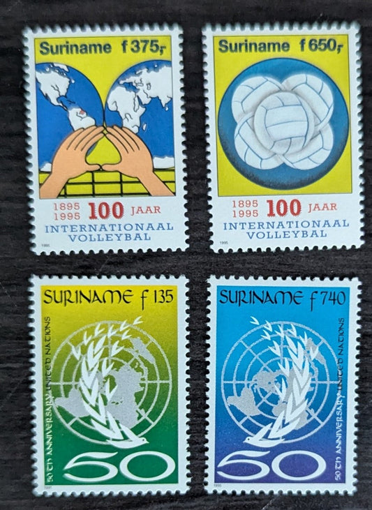 Lot 184 Surinam SC#994/1017 1995 Volleyball Centenary - UN, 50th Anniv Issues, 6 VFNH Singles, Click on Listing to See ALL Pictures, 2017 Scott Cat. $14.25