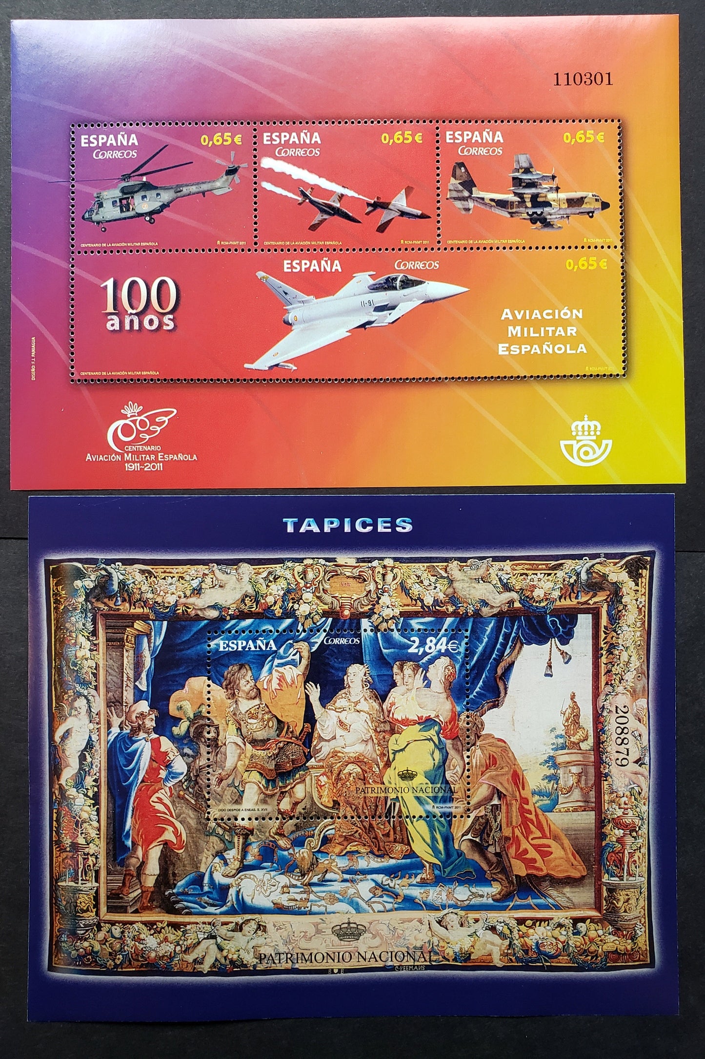 Lot 18 Spain SC#3793/3794 2011 Tapestry / Military Aviation Issues, A VFNH Souvenir Sheet And A Sheet Of 4, Click on Listing to See ALL Pictures, 2017 Scott Cat. $16