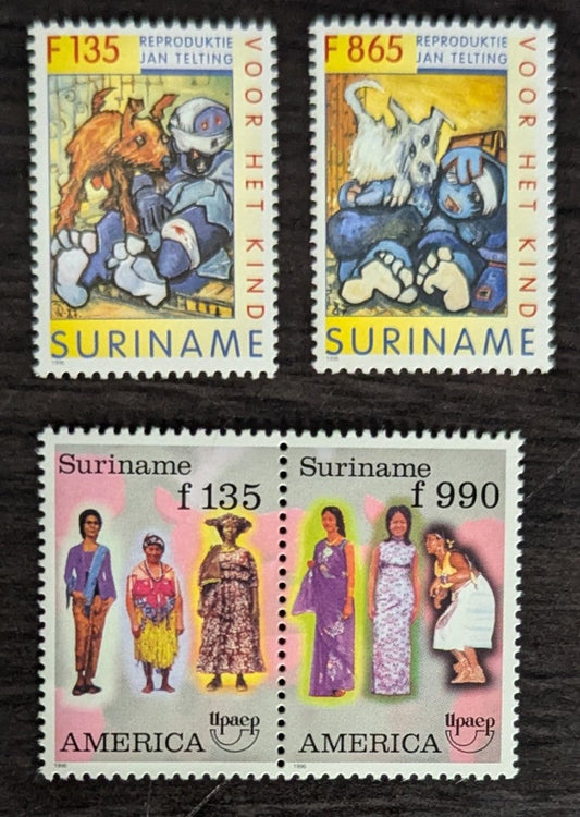 Lot 190 Surinam SC#1057a/1064 1996 Women's Traditional Costumes - Youth Care Issues, 3 VFNH Singles & Pair, Click on Listing to See ALL Pictures, 2017 Scott Cat. $19