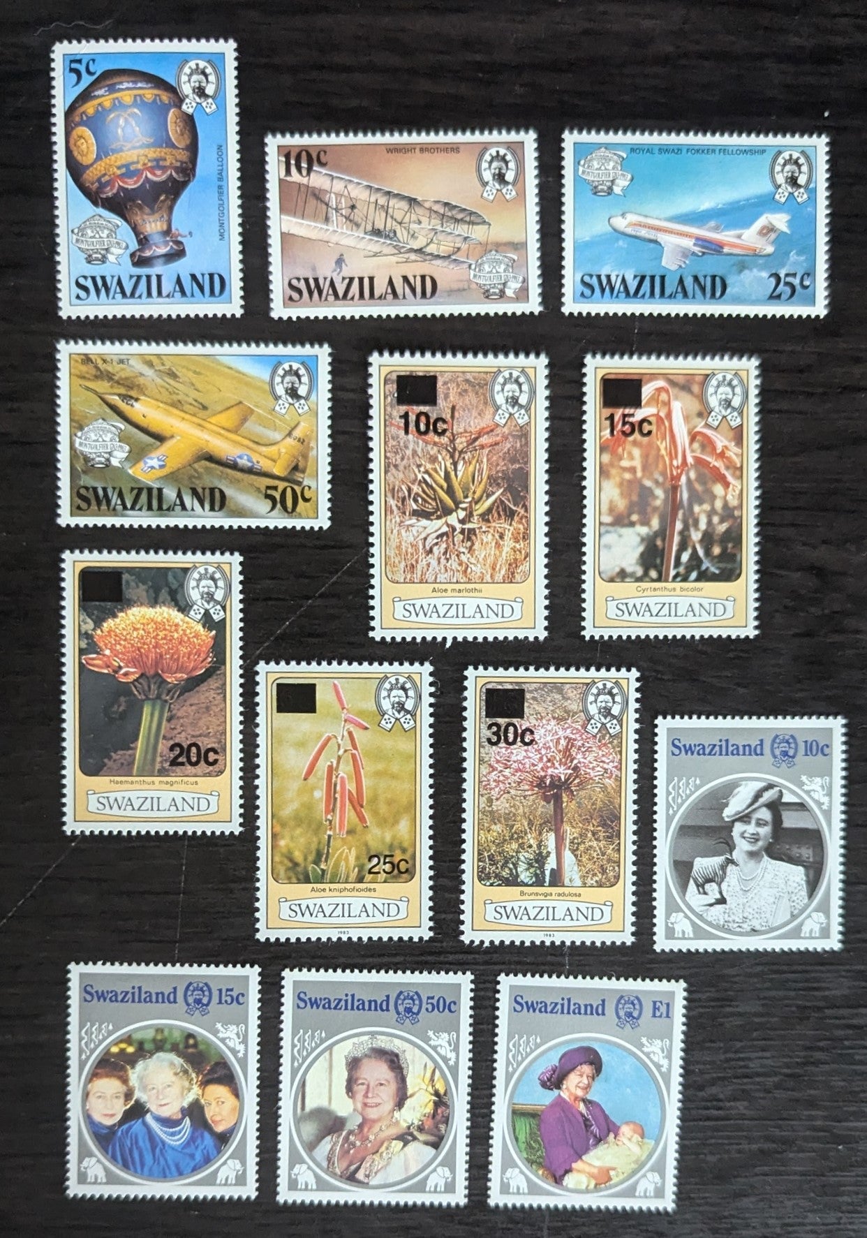 Lot 199 Swaziland SC#431/479 1983-1985 Manned Flight Bicentenary - Queen Mother 85th Birthday Issues, 13 VFOG Singles, Click on Listing to See ALL Pictures, 2017 Scott Cat. $12.4