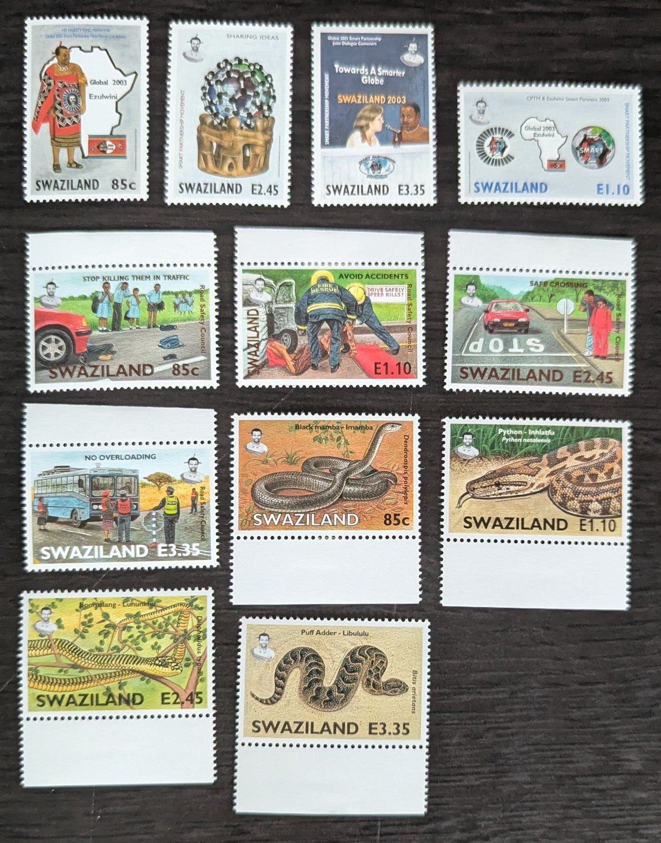 Lot 221 Swaziland SC#723/743 2004-2005 Global Smart Partnership International Dialogue - Snakes Issues, 12 VFNH Singles, Click on Listing to See ALL Pictures, 2017 Scott Cat. $10.5