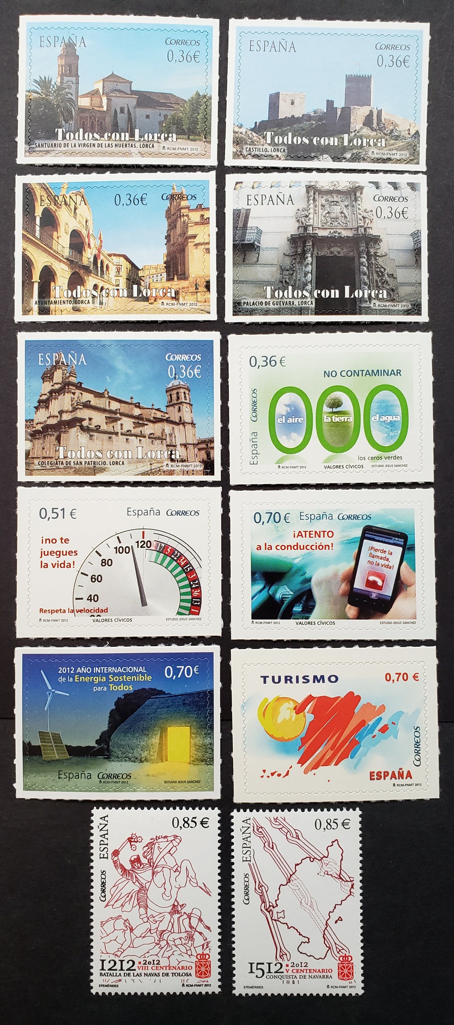 Lot 22 Spain SC#3821/3836 2012 Lorca Tourist Attractions / Military Anniversaries Issues, 12 VFNH Singles, Click on Listing to See ALL Pictures, 2017 Scott Cat. $17.3