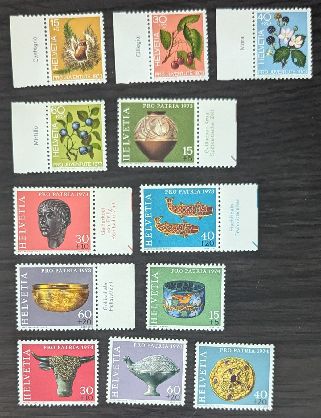 Lot 232 Switzerland SC#B414-B425 1973-1974 Archaeology Finds - Fruits of the Forest Issues, 12 VFOG Singles, Click on Listing to See ALL Pictures, 2017 Scott Cat. $10.2