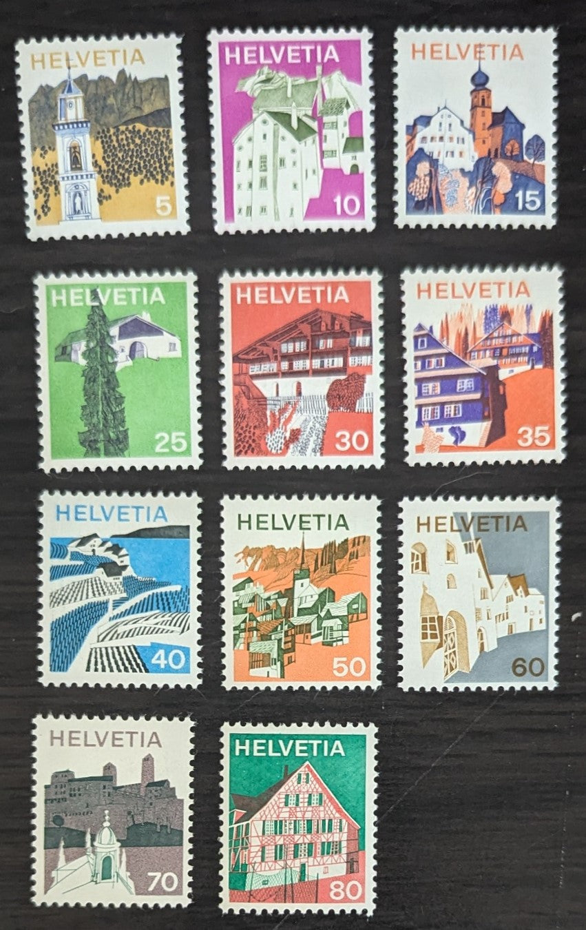 Lot 233 Switzerland SC#558-568 1973-1980 Village Pictorials Issue, 11 VFOG Singles, Click on Listing to See ALL Pictures, 2017 Scott Cat. $9.95