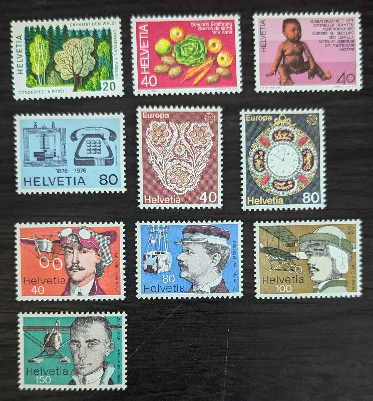 Lot 239 Switzerland SC#610/623 1976-1977 Centenary of Federal Forest Laws - Swiss Aviation Pioneers Issues, 10 VFOG Singles, Click on Listing to See ALL Pictures, 2017 Scott Cat. $15.75