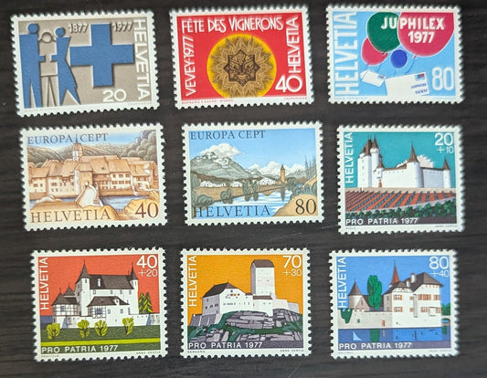 Lot 240 Switzerland SC#624/B450 1977-1978 Blue Cross - Castle Issues, 9 VFOG Singles, Click on Listing to See ALL Pictures, 2017 Scott Cat. $11.05