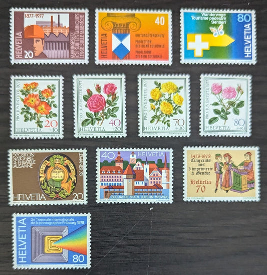 Lot 241 Switzerland SC#629/B454 1977-1978 Federal Factories Act - Roses Issues, 11 VFOG Singles, Click on Listing to See ALL Pictures, 2017 Scott Cat. $13.1