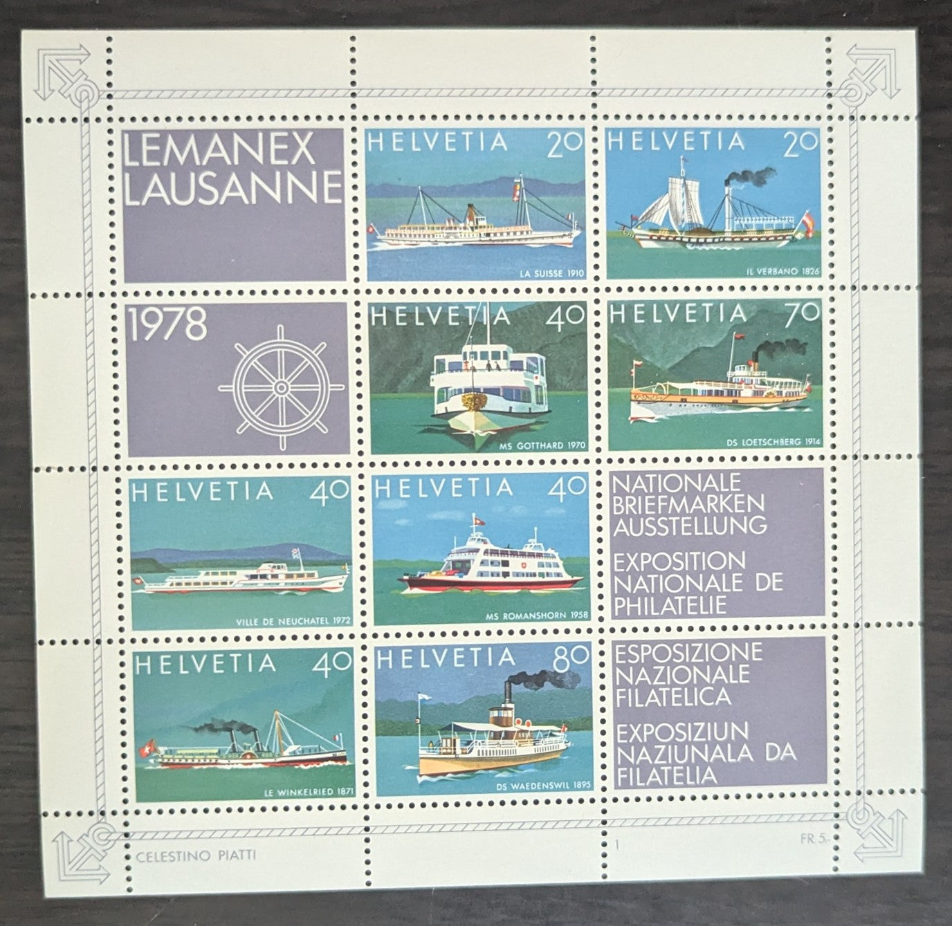 Lot 243 Switzerland SC#656 20c/80c Multicolored 1978 Steamers on Swiss Lake Issue, A VFNH Sheet Of 8, Click on Listing to See ALL Pictures, 2017 Scott Cat. $9.5