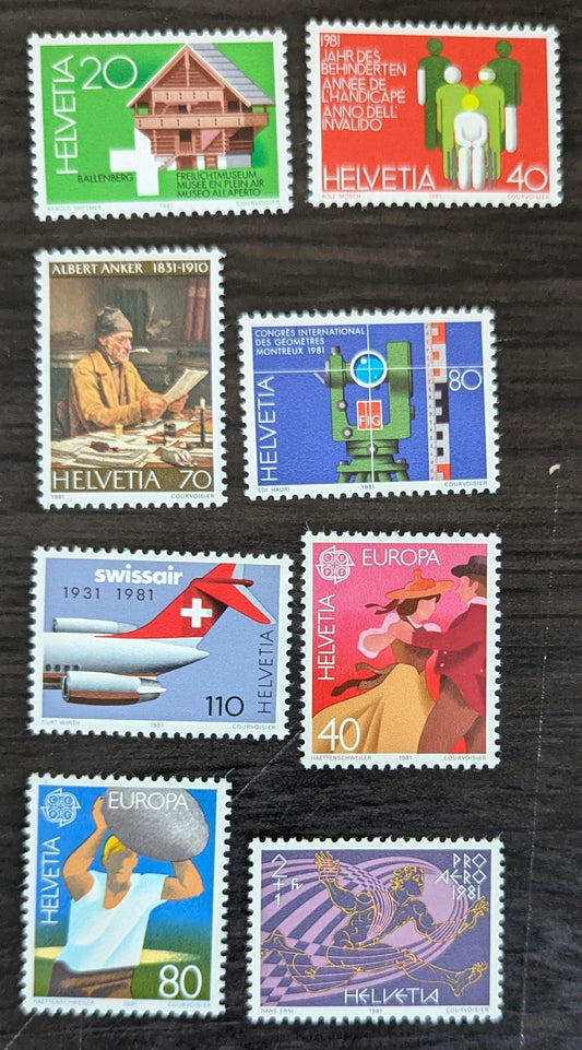 Lot 250 Switzerland SC#694/B479 1981 Granary, Kiesen, 17th Century - Icarus in Flight Issues, 8 VFNH Singles, Click on Listing to See ALL Pictures, 2017 Scott Cat. $15