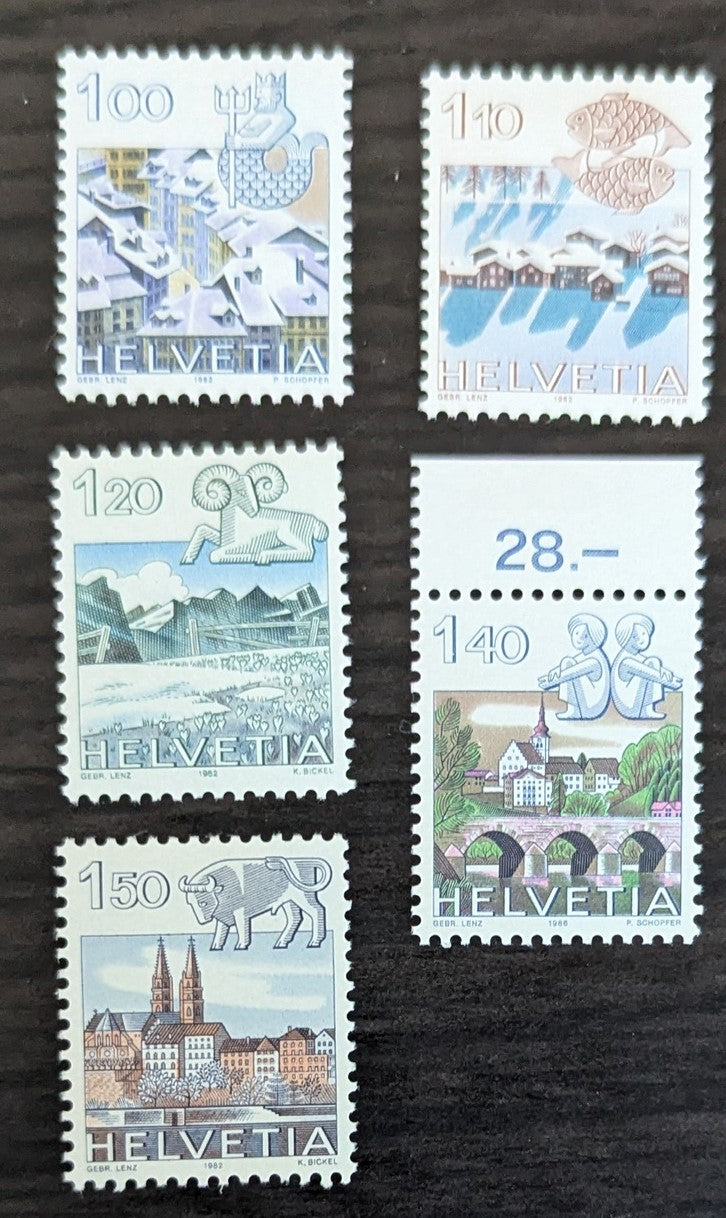 Lot 254 Switzerland SC#717-720 1982-1986 Signs of the Zodiac & City Views Issue, 5 VFOG/NH Singles, Click on Listing to See ALL Pictures, 2017 Scott Cat. $14.25