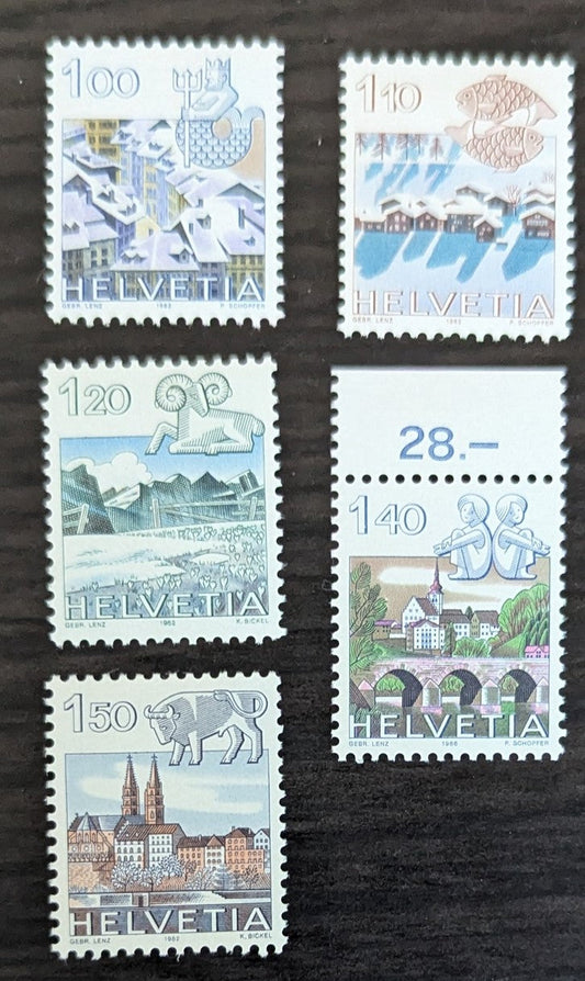 Lot 254 Switzerland SC#717-720 1982-1986 Signs of the Zodiac & City Views Issue, 5 VFOG/NH Singles, Click on Listing to See ALL Pictures, 2017 Scott Cat. $14.25