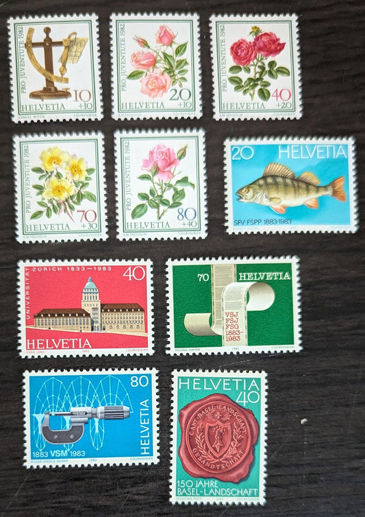 Lot 258 Switzerland SC#733/B496 1982-1983 Fishing & Pisciculture Federation Centenary - Roses Issues, 10 VFOG Singles, Click on Listing to See ALL Pictures, 2017 Scott Cat. $11