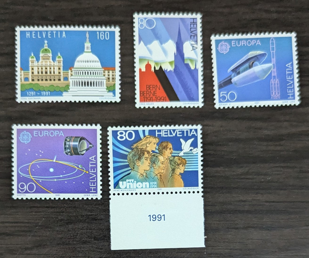 Lot 284 Switzerland SC#888-892 1991 Swiss Parliament, US Capitol - Union of Postal, telephone & Telegrapth Officials Centenary Issues, 5 VFOG/NH Singles, Click on Listing to See ALL Pictures, 2017 Scott Cat. $10.45