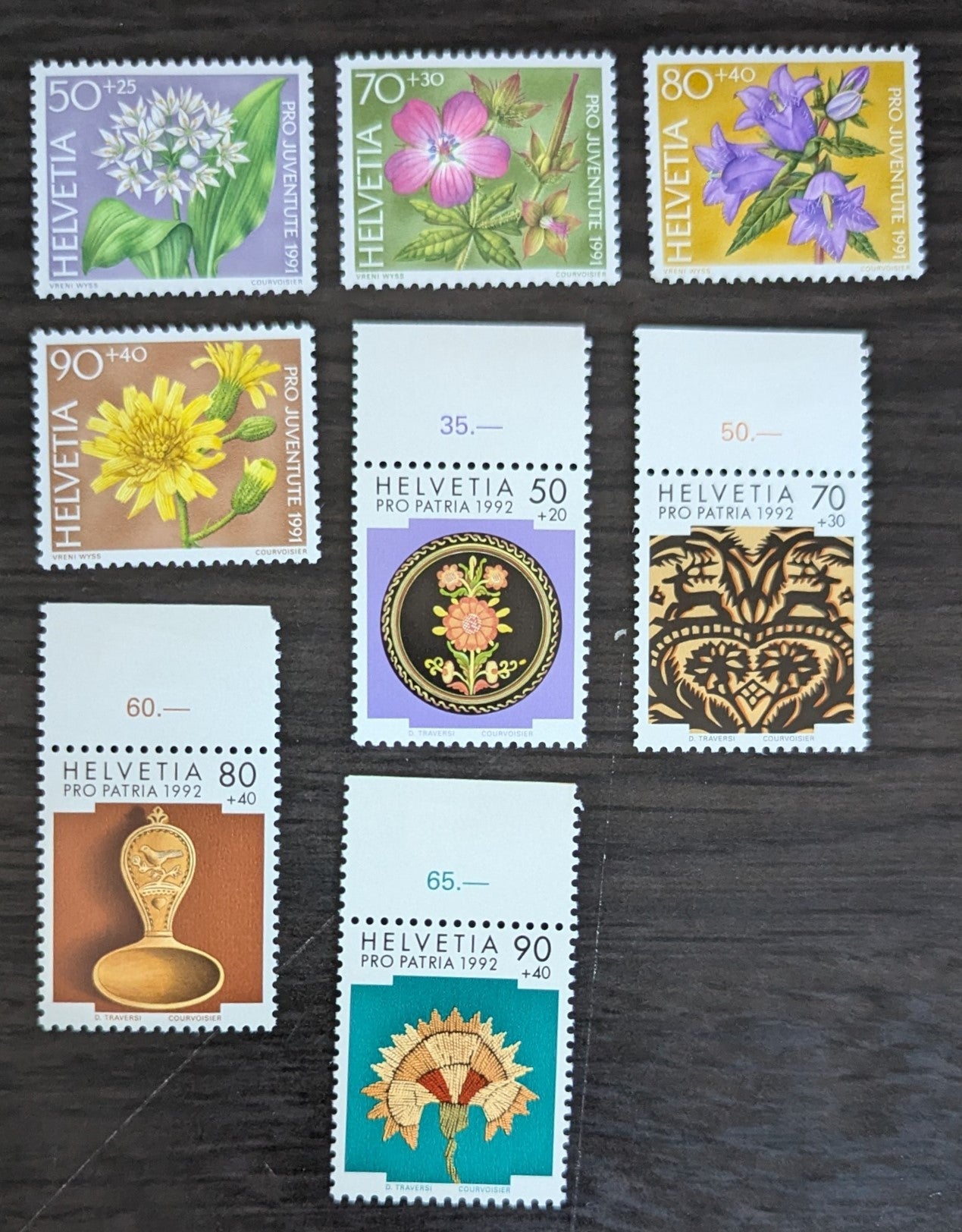 Lot 287 Switzerland SC#B572-B579 1991-1992 Woodland Flowers - Swiss Folk Art Issues, 8 VFOG Singles, Click on Listing to See ALL Pictures, 2017 Scott Cat. $13.5