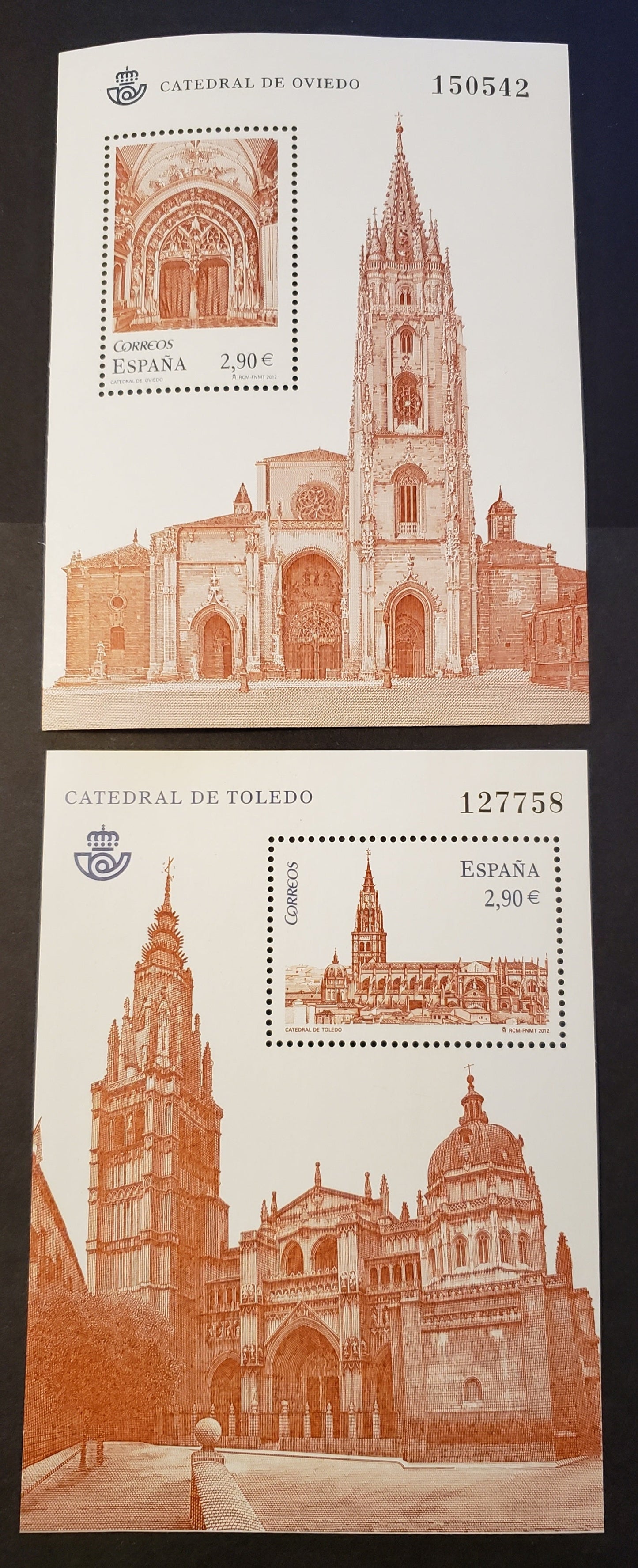 Lot 30 Spain SC#3850/3862 2012 Toledo Cathedral / Oviedo Cathedral Issues, 2 VFNH Souvenir Sheets, Click on Listing to See ALL Pictures, 2017 Scott Cat. $14.5