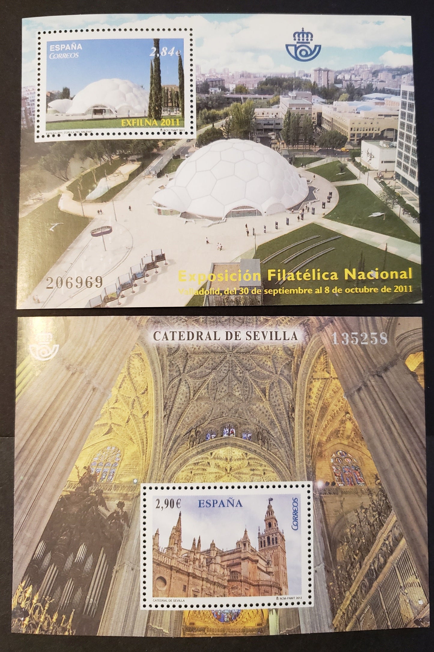 Lot 34 Spain SC#3805/3846 2011 EXFILNA '11 / Seville Cathedral Issues, 2 VFNH Souvneir Sheets, Click on Listing to See ALL Pictures, 2017 Scott Cat. $15.5