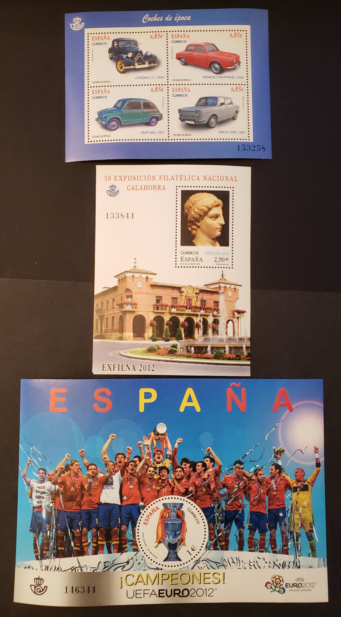 Lot 35 Spain SC#3853/3881 2012 Automobiles / UEFA European Soccer Tournament Issues, 2 VFNH Souvenir Sheets And A Sheet Of 4, Click on Listing to See ALL Pictures, 2017 Scott Cat. $19.1