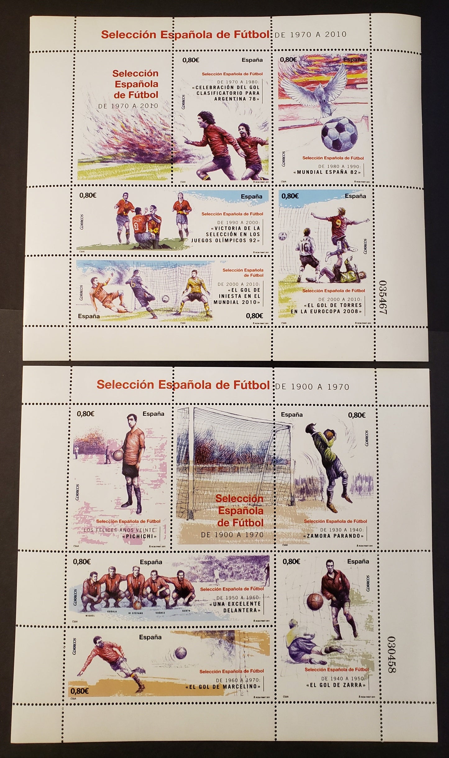 Lot 36 Spain SC#3803/3804 2011 Spanish National Soccer Team Issue, 2 VFNH Sheets Of 5 + Label, Click on Listing to See ALL Pictures, 2017 Scott Cat. $23