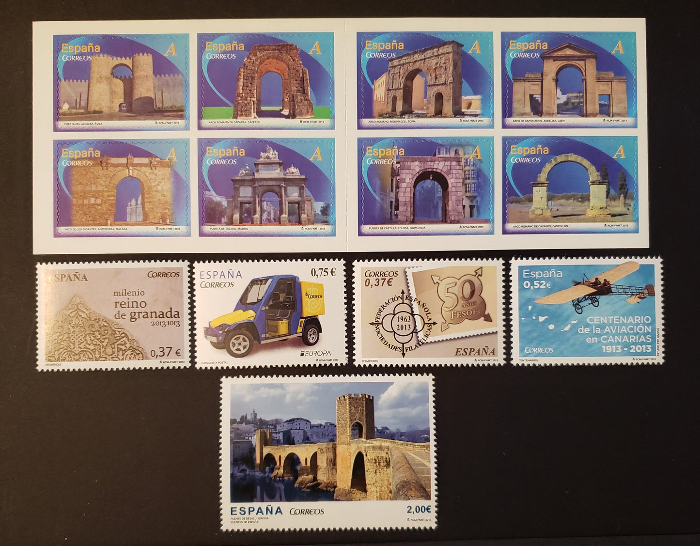 Lot 38 Spain SC#3892/3909 2013 Arches And Gates / Aviation In The Canary Islands Issues, 5 VFNH Singles And 1 Booklet Of 8, Click on Listing to See ALL Pictures, 2017 Scott Cat. $18.9