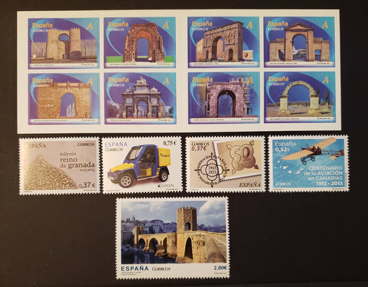 Lot 38 Spain SC#3892/3909 2013 Arches And Gates / Aviation In The Canary Islands Issues, 5 VFNH Singles And 1 Booklet Of 8, Click on Listing to See ALL Pictures, 2017 Scott Cat. $18.9