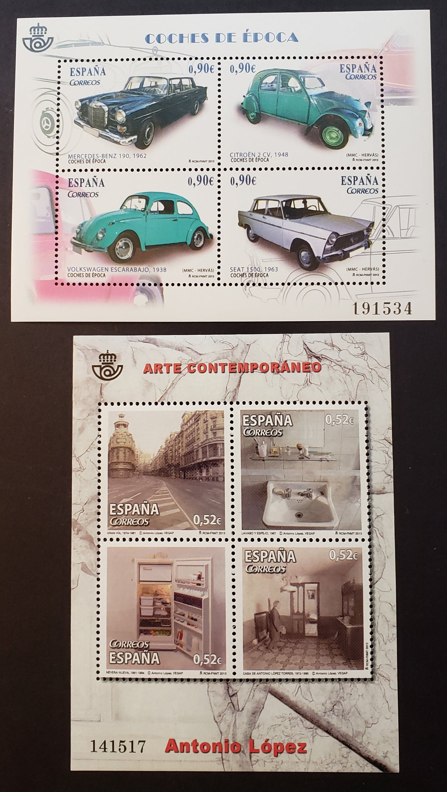 Lot 45 Spain SC#3900/3901 2013 Art Of Antonio Lopez / Automobiles Issues, 2 VFNH Sheets Of 4, Click on Listing to See ALL Pictures, 2017 Scott Cat. $15.45