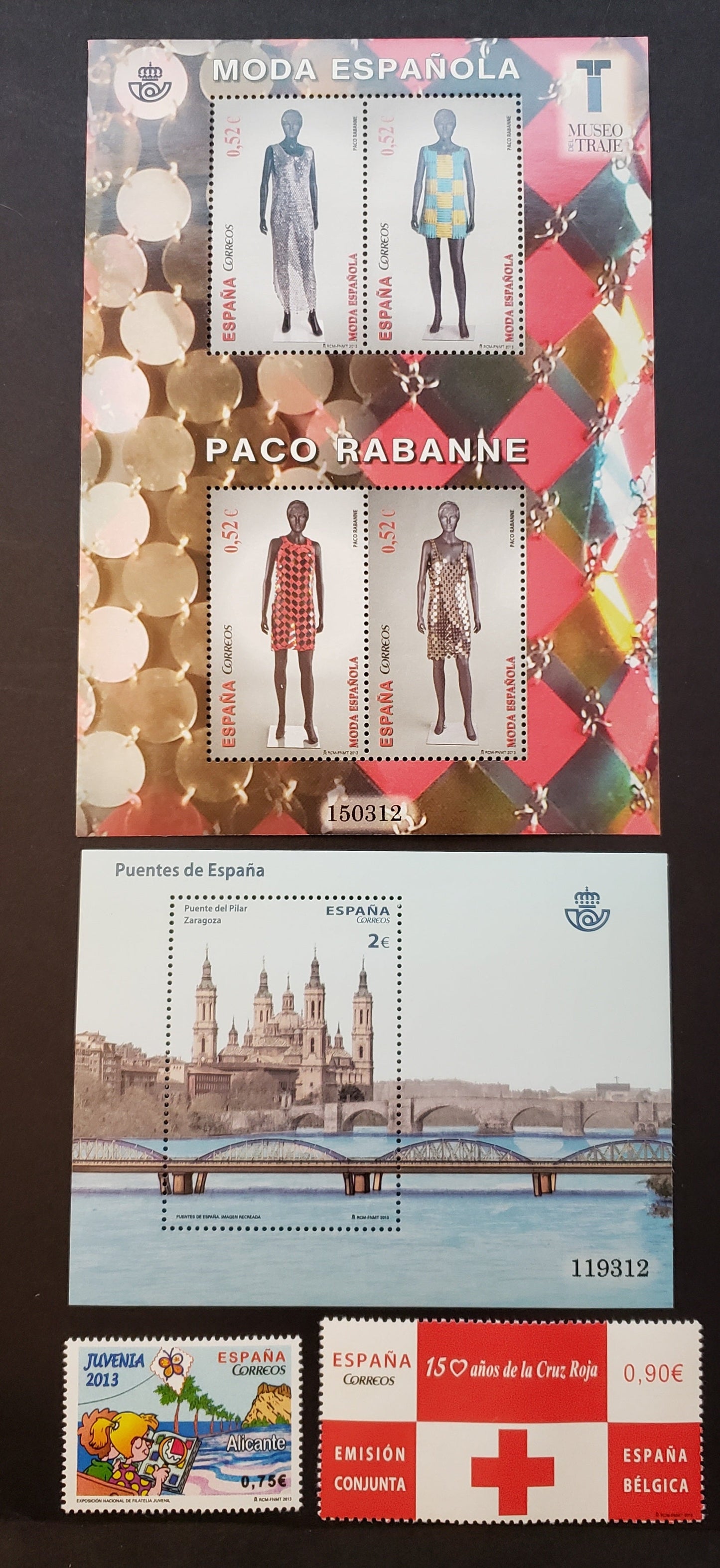 Lot 47 Spain SC#3926/3939 2013 Women's Dresses By Paco Rabanne / Red Cross Issues, 2 VFNH Singles, 1 Souvenir Sheet And 1 Sheet Of 4, Click on Listing to See ALL Pictures, 2017 Scott Cat. $15.65