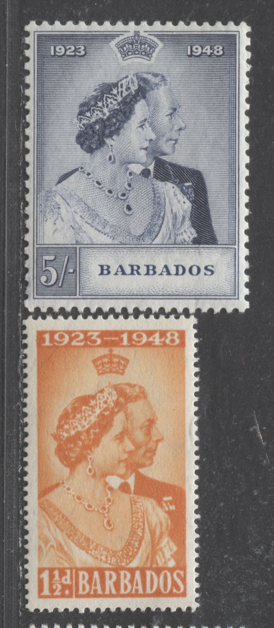 Lot 497 Barbados #210-211 1.5d & 5/-  Orange & Slate Blue King George VI & Queen Elizabeth, 1948 Silver Wedding Issue, 2 VFNH Singles