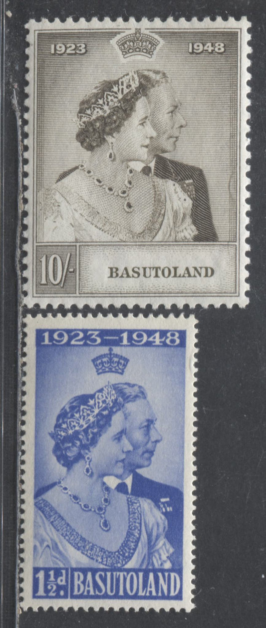 Lot 498 Basutoland #39-40 1.5d & 10/- Ultramarine & Brownish Olive King George VI & Queen Elizabeth, 1948 Silver Wedding Issue, 2 VFNH Singles