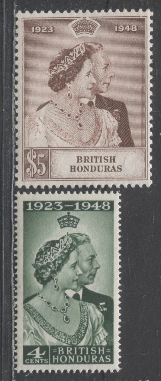 Lot 502 British Honduras #129-130 4c & $5 Dark Green & Brown King George VI & Queen Elizabeth, 1948 Silver Wedding Issue, 2 Fine & VFNH Singles