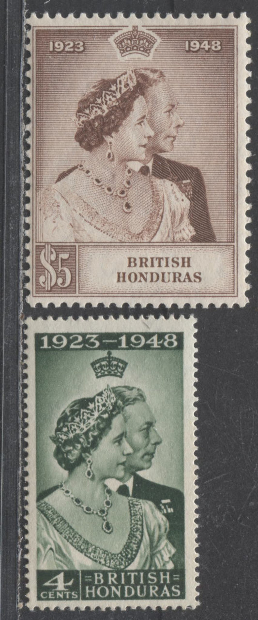 Lot 502A British Honduras #129-130 4c & $5 Dark Green & Brown King George VI & Queen Elizabeth, 1948 Silver Wedding Issue, 2 Fine NH Singles