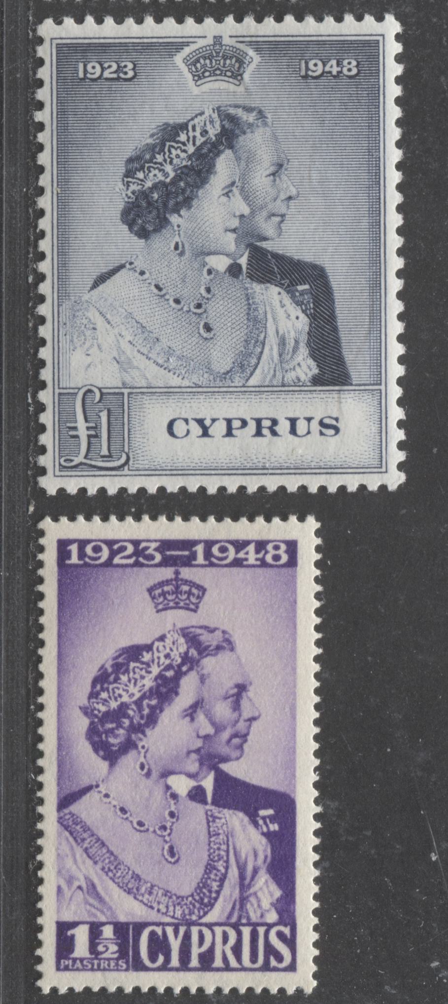 Lot 507 Cyprus #158-159 1d & 10/- Scarlet & Slate Blue King George VI & Queen Elizabeth, 1948 Silver Wedding Issue, 2 VFNH Singles