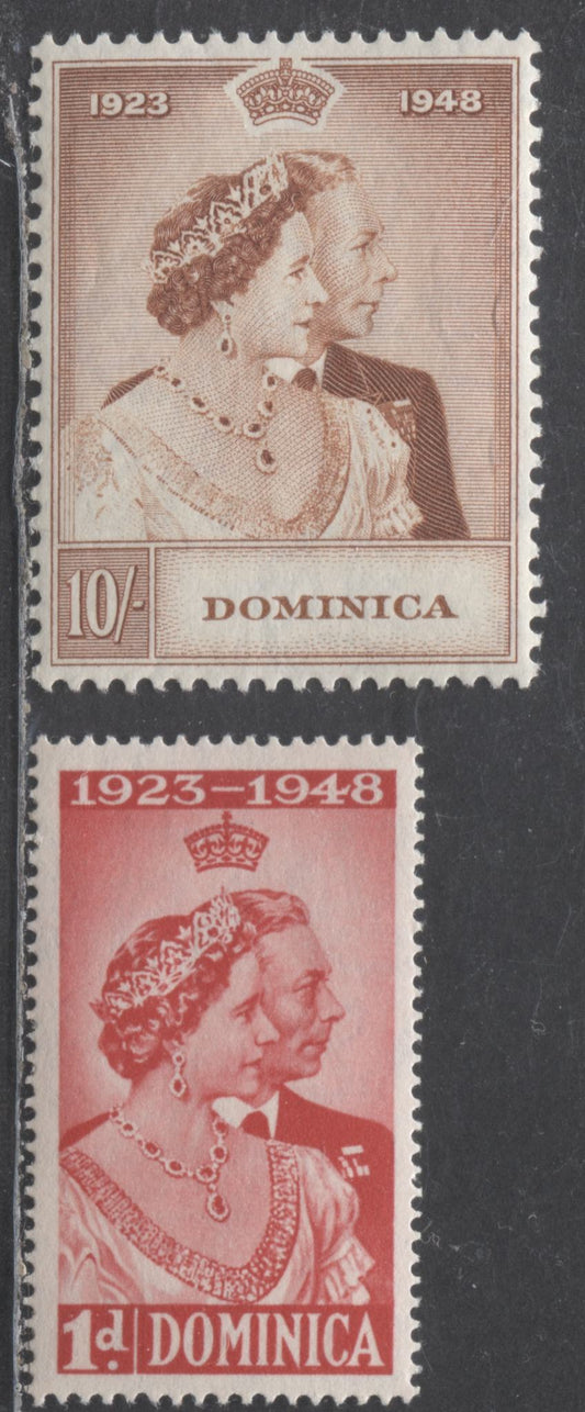 Lot 508 Dominica #114-115 1d & 10/- Scarlet & Brown Orange King George VI & Queen Elizabeth, 1948 Silver Wedding Issue, 2 VFNH Singles