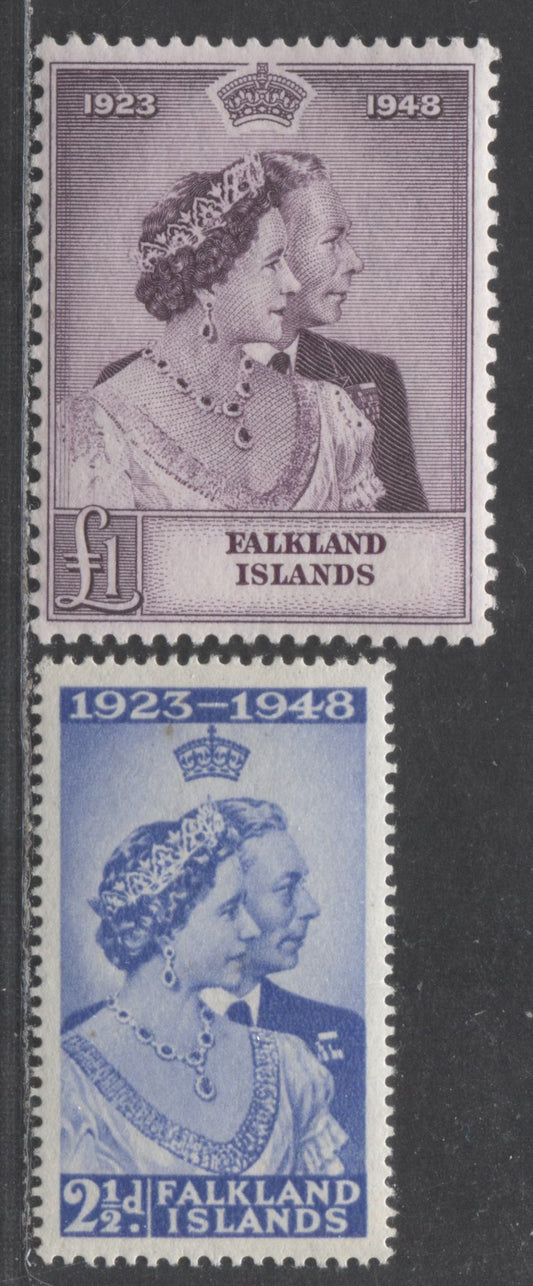 Lot 509 Falkland Islands #99-100 2.5d & 1 Pound Ultramarine & Slate Purple King George VI & Queen Elizabeth, 1948 Silver Wedding Issue, 2 Fine & VFNH Singles