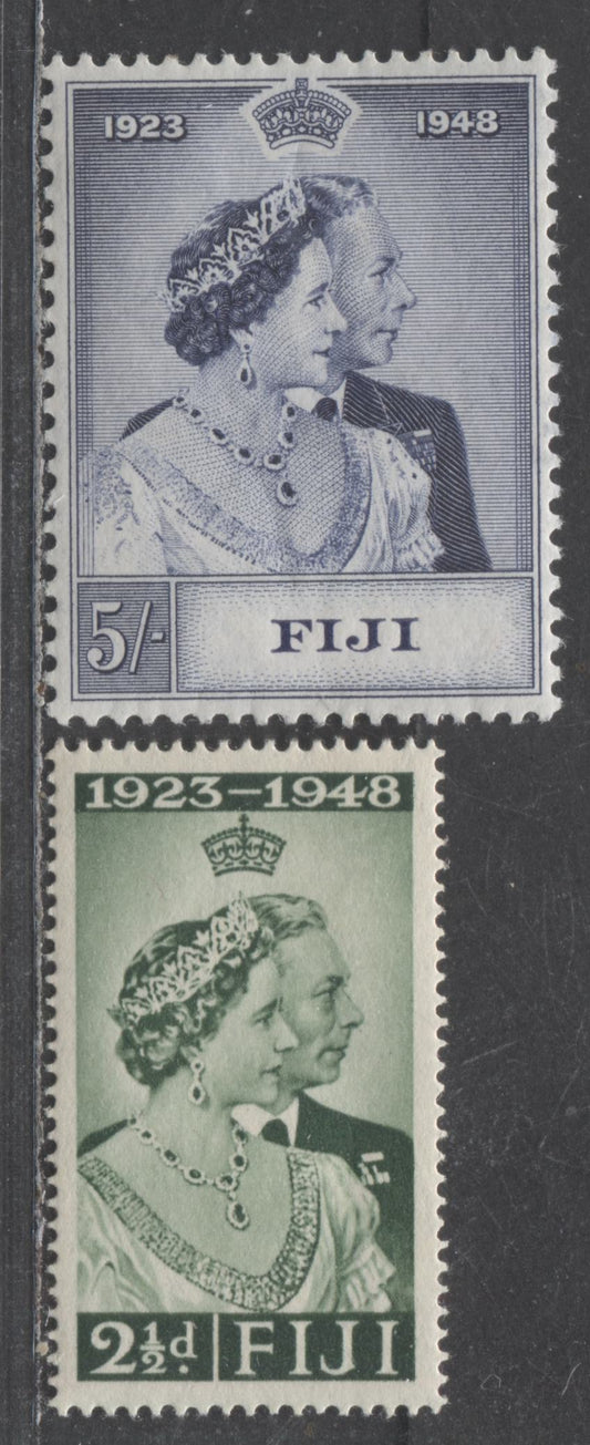 Lot 511A Fiji #139-140 2.5d & 5/- Dark Green & Violet Blue King George VI & Queen Elizabeth, 1948 Silver Wedding Issue, 2 VFOG Singles