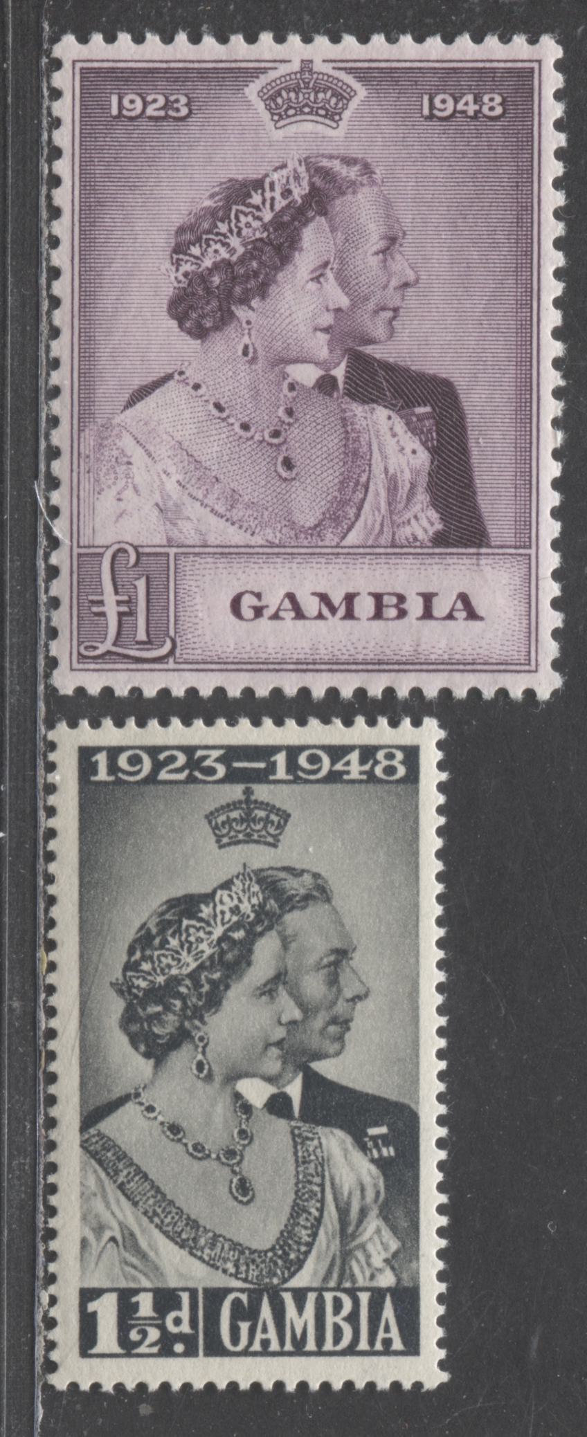 Lot 512 Gambia #146-147 1.5d & 1 Pound Grey Black & Slate Purple King George VI & Queen Elizabeth, 1948 Silver Wedding Issue, 2 VFNH Singles