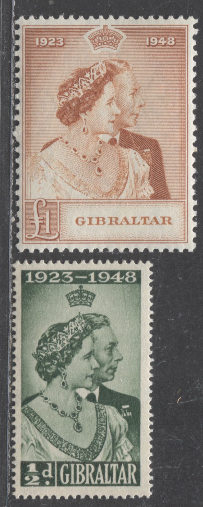 Lot 513 Gibraltar #121-122 1/2d & 1 Pound Dark Green & Brown Orange King George VI & Queen Elizabeth, 1948 Silver Wedding Issue, 2 VFNH Singles