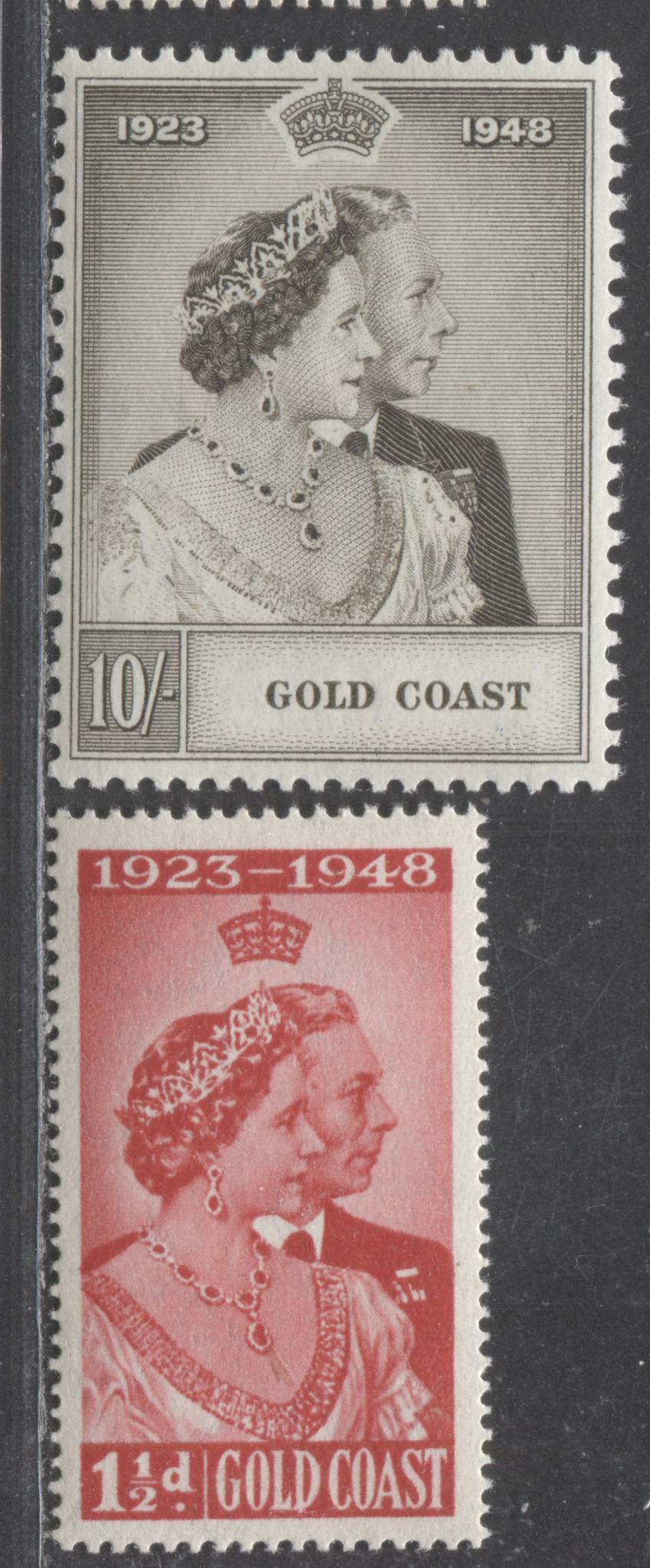 Lot 515 Gold Coast #142-143 1.5d & 10/- Scarlet & Greyish Olive King George VI & Queen Elizabeth, 1948 Silver Wedding Issue, 2 VFNH Singles