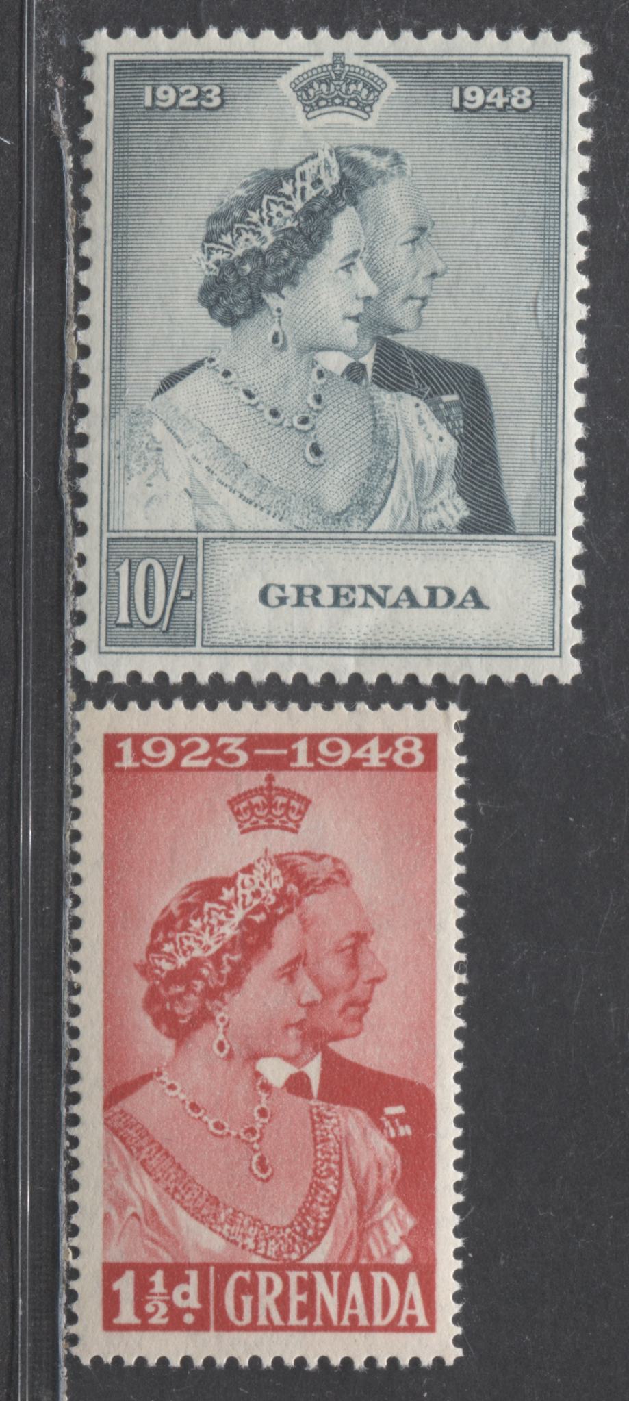 Lot 516 Grenada #145-146 1.5d & 10/- Scarlet & Turquoise Blue King George VI & Queen Elizabeth, 1948 Silver Wedding Issue, 2 VFNH Singles