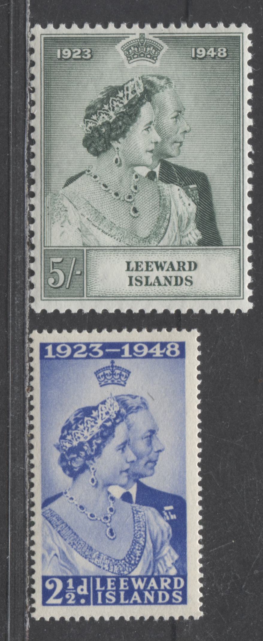 Lot 521 Leeward Islands #118-119 2.5d & 5/- Ultramarine & Green King George VI & Queen Elizabeth, 1948 Silver Wedding Issue, 2 Fine & VFNH Singles