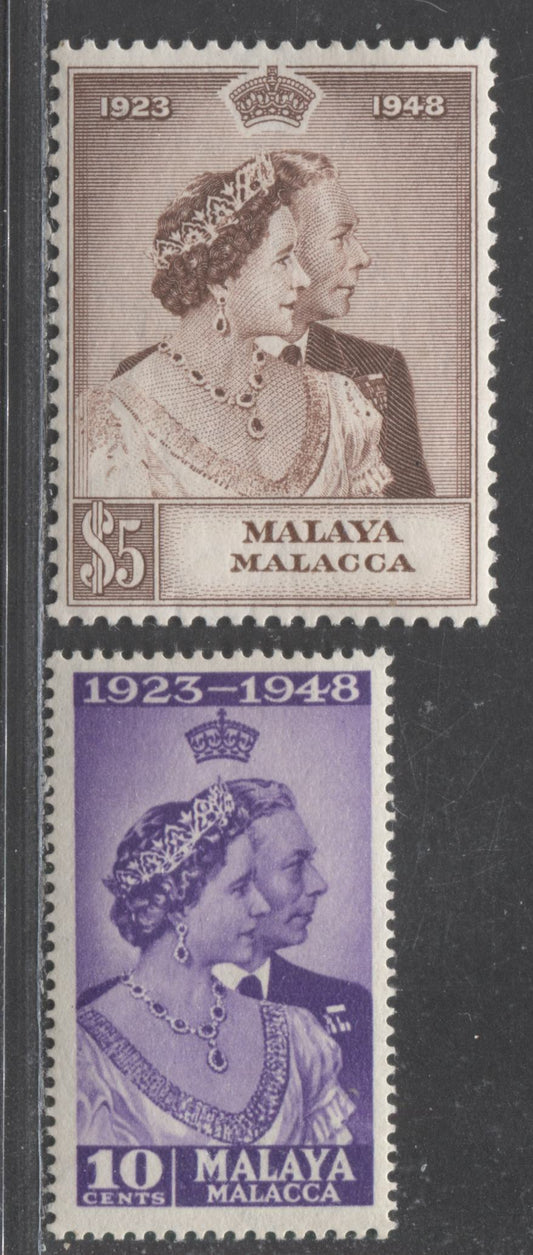 Lot 525 Malaya - Malacca #1-2 10c & $5 Violet & Brown King George VI & Queen Elizabeth, 1948 Silver Wedding Issue, 2 Fine & VFNH Singles