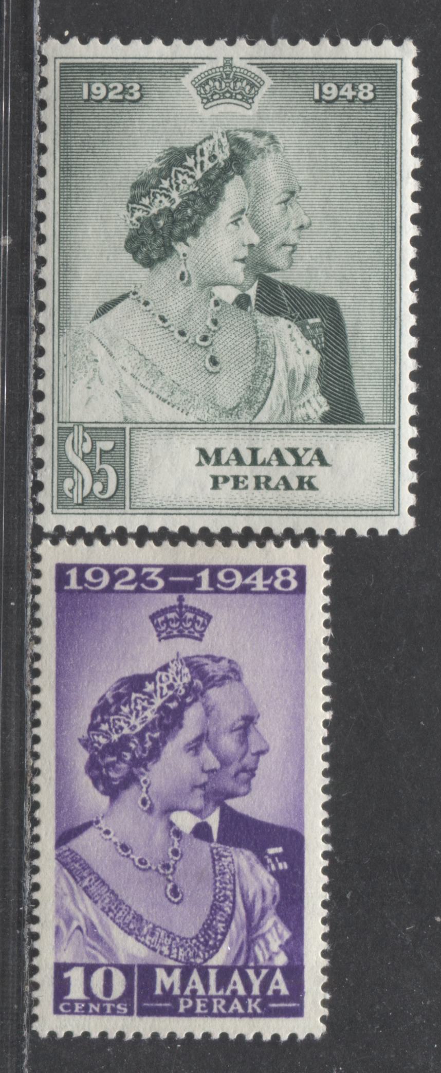 Lot 529 Malaya - Perak #99-100 10c & $5 Violet & Green King George VI & Queen Elizabeth, 1948 Silver Wedding Issue, 2 VFNH Singles