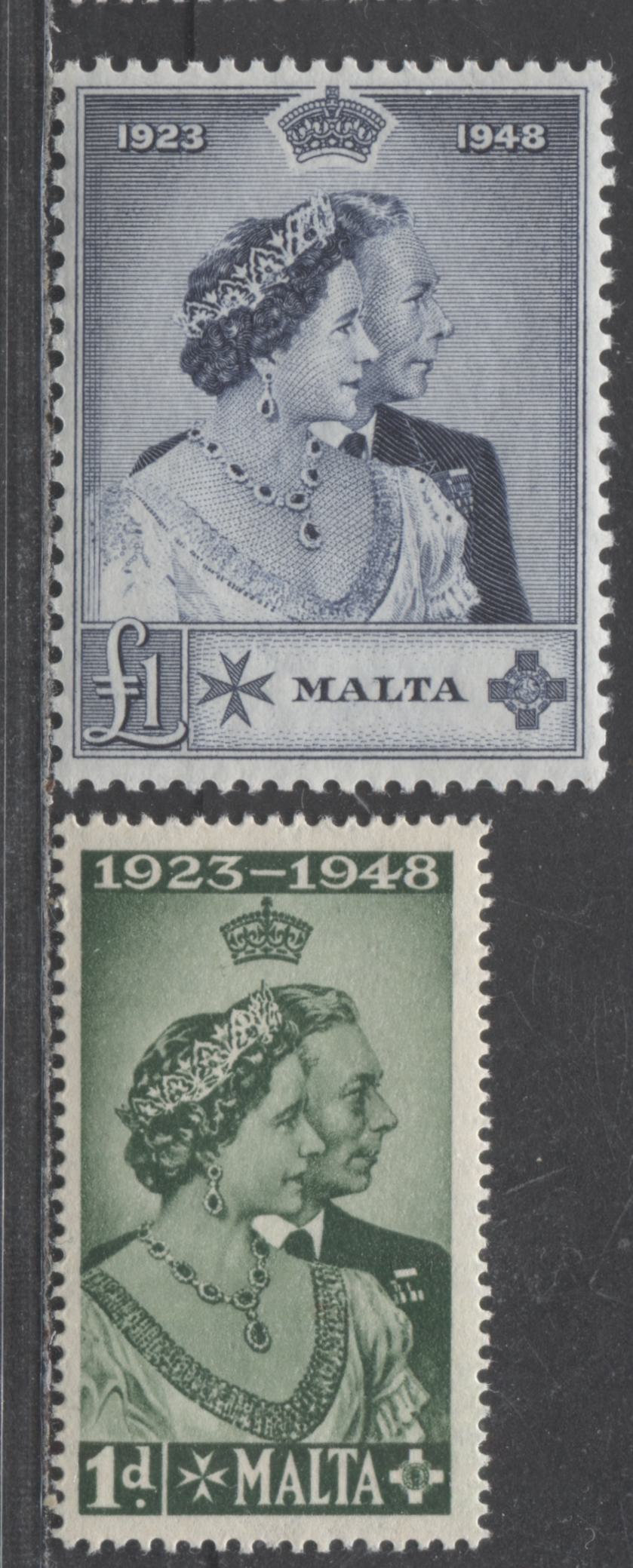 Lot 533 Malta #223-224 1d & 1 Pound Dark Green & Slate Blue King George VI & Queen Elizabeth, 1948 Silver Wedding Issue, 2 Fine & VFNH Singles