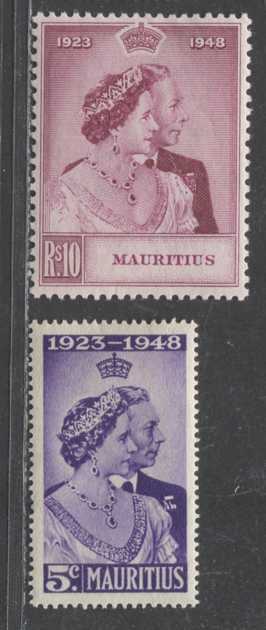 Lot 534A Mauritius #229-230 5c & 10R Violet & Bright Reddish Purple King George VI & Queen Elizabeth, 1948 Silver Wedding Issue, 2 VFOG Singles