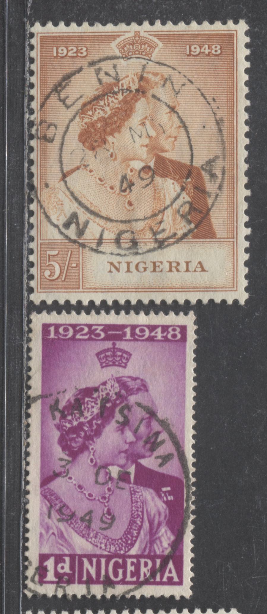 Lot 539B Nigeria #73-74 1d & 5/- Bright Magenta & Brownish Orange King George VI & Queen Elizabeth, 1948 Silver Wedding Issue, 2 Fine & VF Used Singles