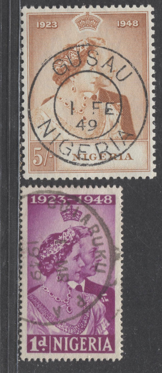 Lot 539C Nigeria #73-74 1d & 5/- Bright Magenta & Brownish Orange King George VI & Queen Elizabeth, 1948 Silver Wedding Issue, 2 VF Used Singles