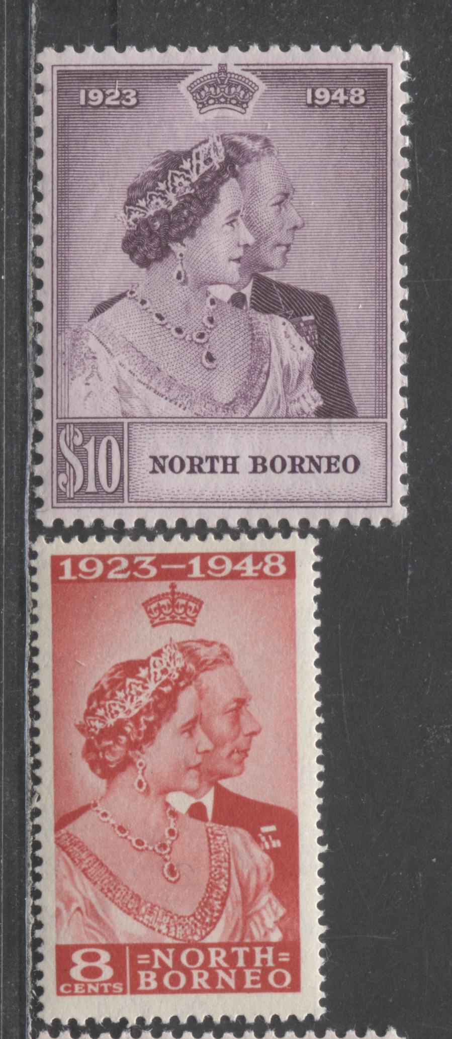 Lot 540 North Borneo #238-239 8c & $10 Scarlet & Slate Purple King George VI & Queen Elizabeth, 1948 Silver Wedding Issue, 2 VFNH Singles